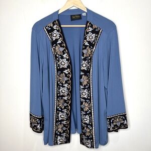 Bob Mackie Open Front Embroidered Cardigan Womens 1X Blue Liquid Knit Boho Artsy